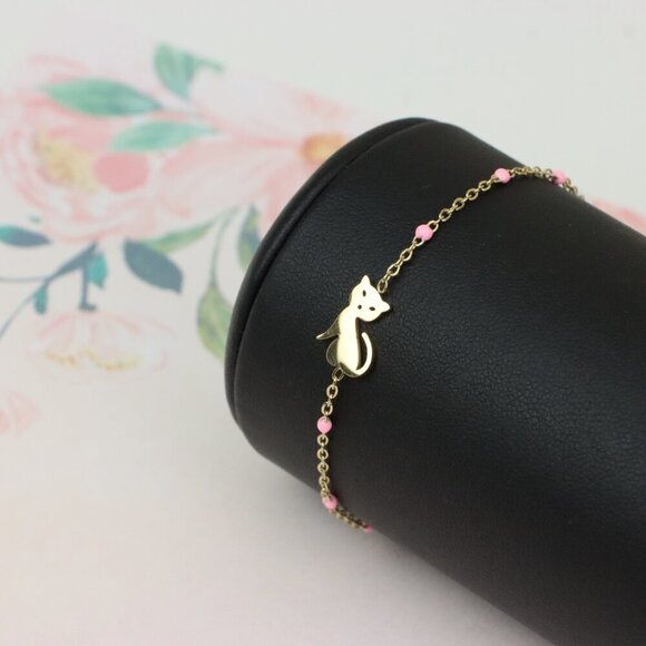 Elegant Yellow Bracelet with Cute Cat Charm and Pink Bead Details, XPBL0656 - Picture 6 of 12